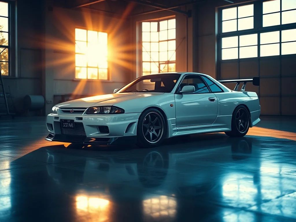 Right-hand-drive JDM sports car parked in a garage at golden hour